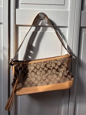 Coach Tan Signature Logo Shoulder Bag with Leather Tassel